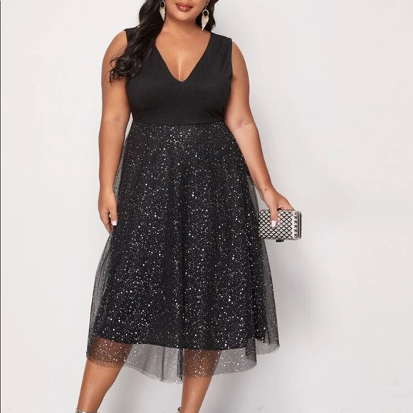 Boho v neck glitter mesh midi dress navy blue - Picture 2 of 9